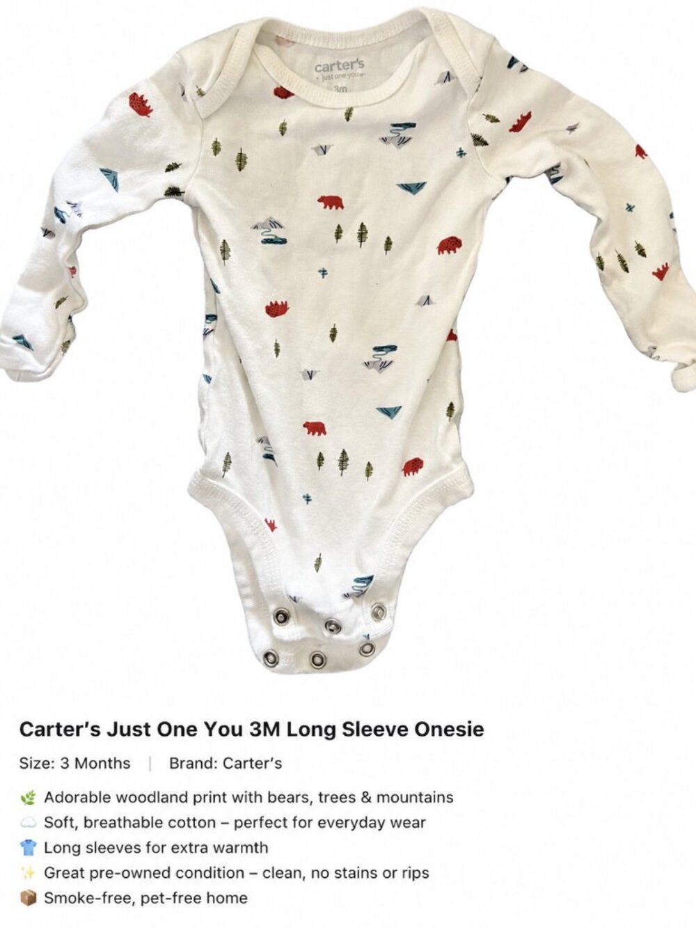 Carter’s Baby Boy Long Sleeve Woodland Print Onesie | 3 Months